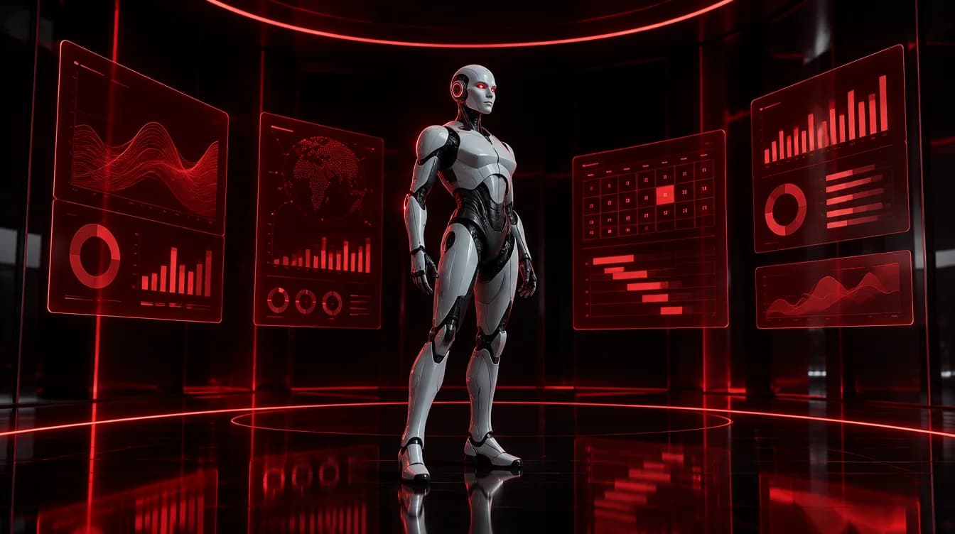 Executive Lunessa AI android in a command room surrounded by red dashboards