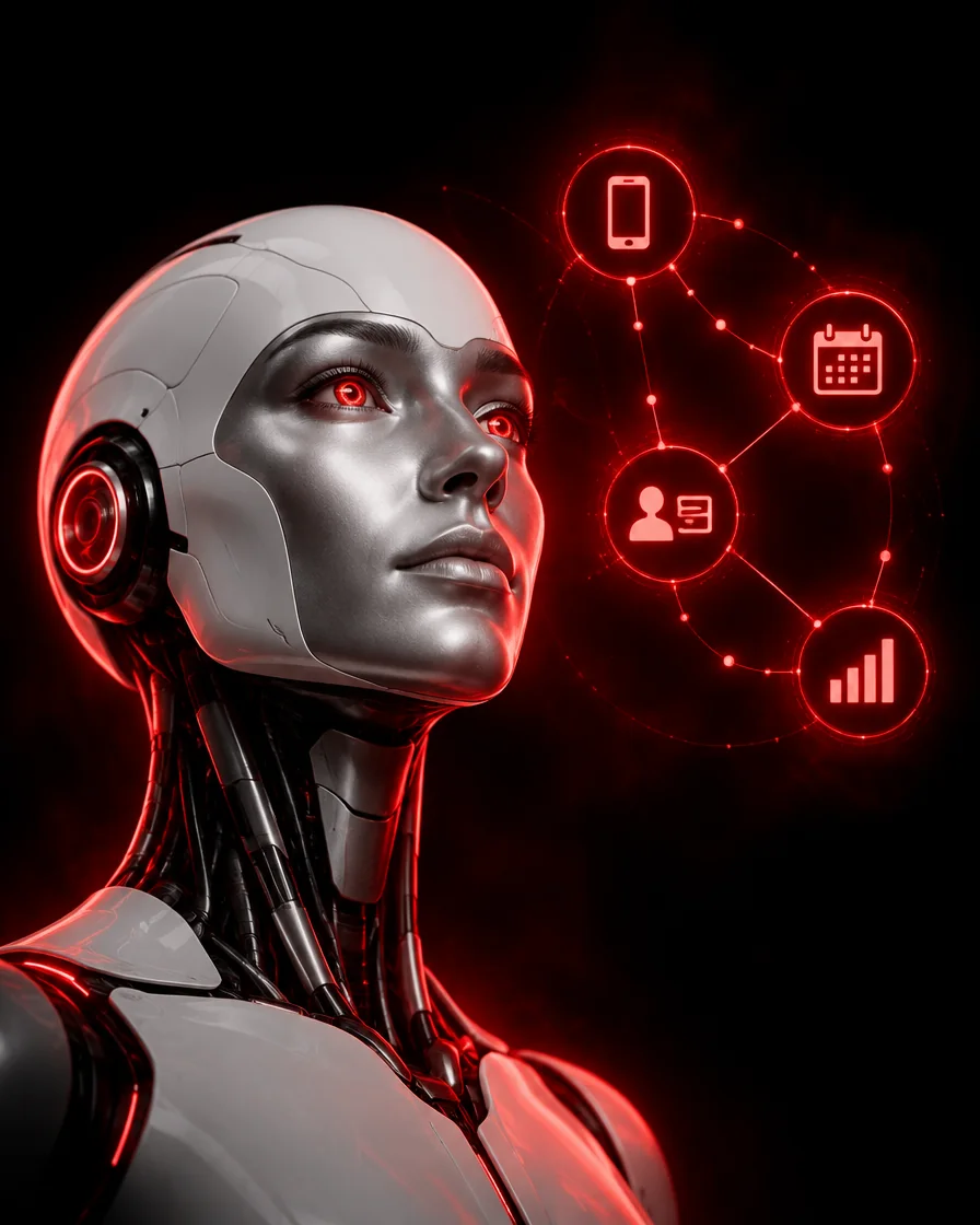 Lunessa AI android in front of a connected workflow map