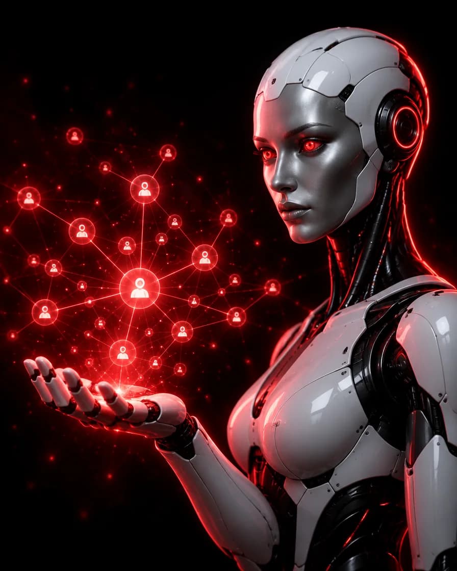 Lunessa AI android holding a glowing referral network